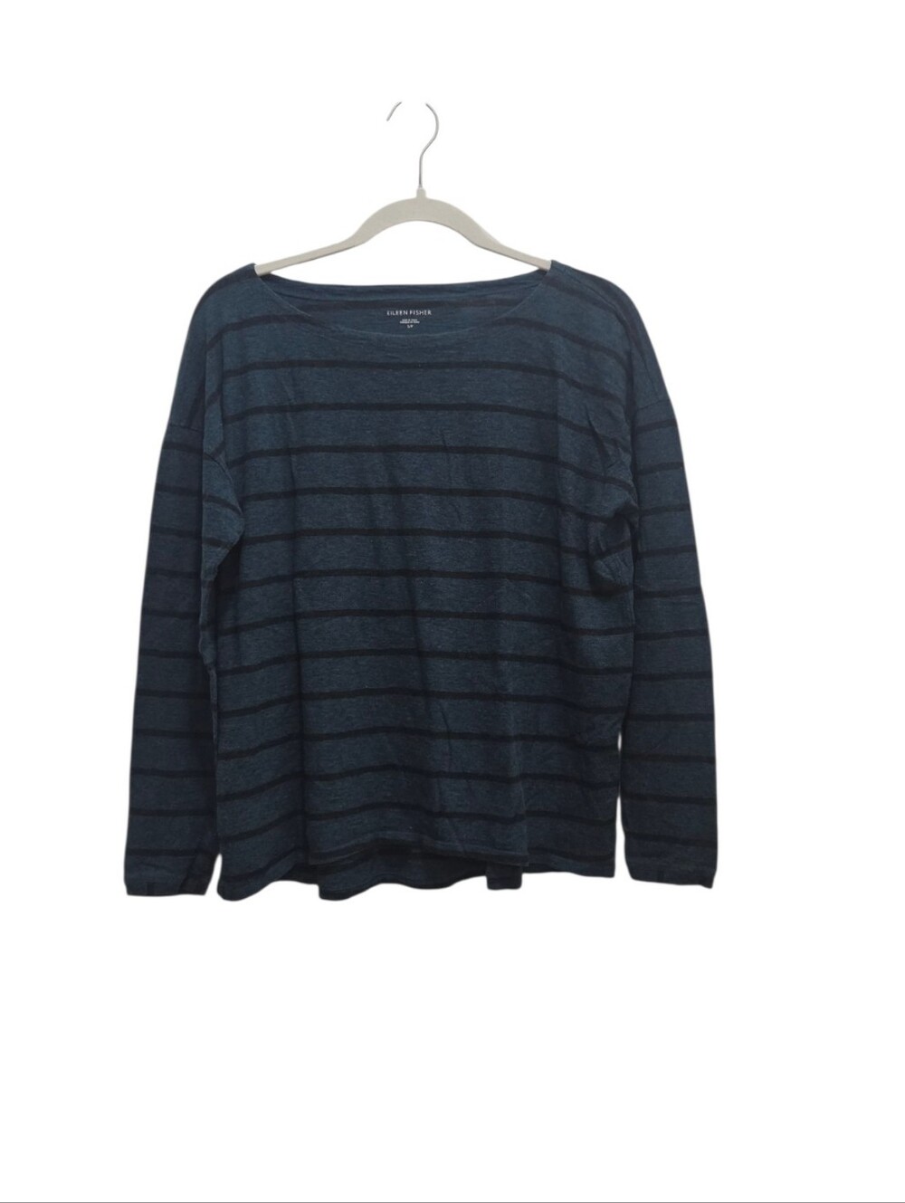 Eileen Fisher S/P Teal Black Stripe Organic Cotton Boat Neck Long Sleeve Top